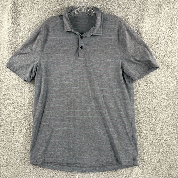 Lululemon Mens Large L Grey Blue Polo Evolution Performance Short Sleeve Striped - Picture 1 of 7